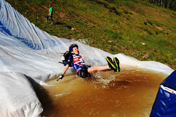 Kids get so much speed on the slip-n-slide, they pond skim on their butts.