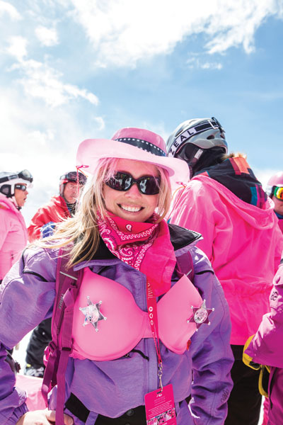 There are few opportunities to wear your bra on the outside of your ski jacket. Anything for a good cause. Photo by Zach Mahone